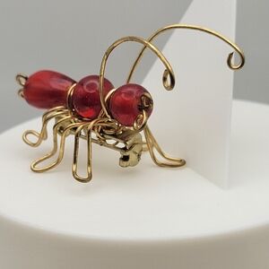 1980s Handcrafted Gold and Red Glass Wire Insect Brooch